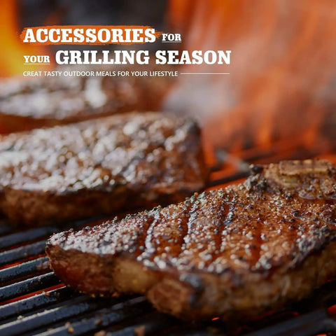 Grilled steaks sizzling on grill with flames, promoting Accessories for Your Grilling Season. Text overlay on image.