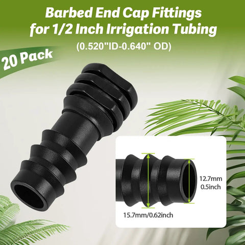 20 Pack 1/2 Inch Drip Irrigation Barbed End Plug Fittings And End Cap Connectors For 1/2 Inch Tubing 0.520 To 0.650 ID OD Garden Lawn Irrigation System No Fuss Setup