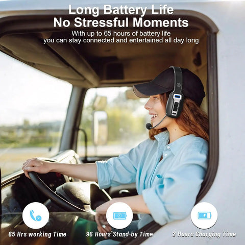 Trucker wearing Bluetooth headset with AI noise cancellation, driving; long battery life advertised in truck cabin setting.