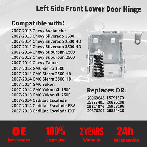 Front Lower Driver Door Hinge Heavy Duty Steel Bolt Straight Up Replacement For Chevy Silverado Tahoe Suburban Avalanche GMC Sierra, left side view with spring feature.