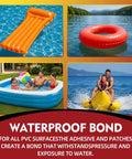 Waterproof Air Mattress Patch Repair Kit With 60ml PVC Glue for inflatable hot tubs, tents, boats, beds, and pools in use.