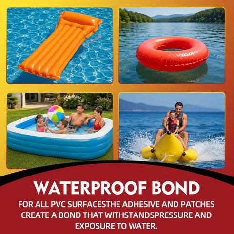 Waterproof Air Mattress Patch Repair Kit With 60ml PVC Glue for inflatable hot tubs, tents, boats, beds, and pools in use.