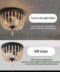 Farmhouse Wood Beaded 3 Light Flush Mount Ceiling Light, Boho Chandelier Style Vintage Lighting, black and gold finish, on and off