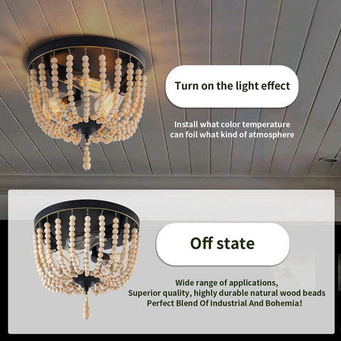 Farmhouse Wood Beaded 3 Light Flush Mount Ceiling Light, Boho Chandelier Style Vintage Lighting, black and gold finish, on and off