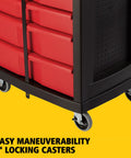 Mobile Tool Work Center On Wheels With 5 Drawers And 250 LB Capacity Built From High Density Structural Foam For Rugged Rust Proof Durability In Warehouse Garage And Maintenance Tasks Plus A Bright Red Locking Cabinet. Close-up of 4-inch locking casters.