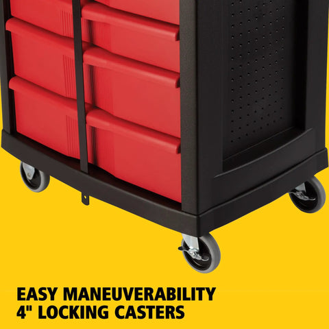 Mobile Tool Work Center On Wheels With 5 Drawers And 250 LB Capacity Built From High Density Structural Foam For Rugged Rust Proof Durability In Warehouse Garage And Maintenance Tasks Plus A Bright Red Locking Cabinet. Close-up of 4-inch locking casters.