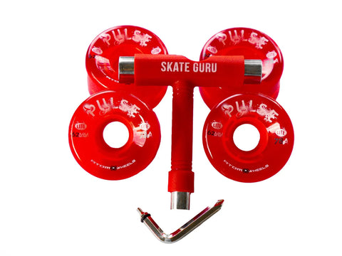 Outdoor Quad Roller Wheels 4 Pack Red Pulse Lite 62x33mm 78A With Tool Hollow Core Technology displayed with tool kit