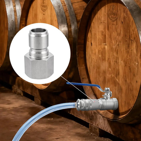 Heavy Duty Stainless Steel Male Quick Disconnect Coupler Half Inch Pipe Thread in use with barrels, perfect for homebrewing.
