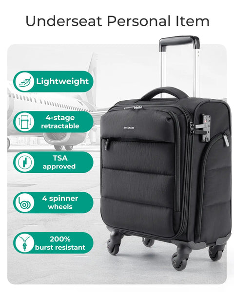 Underseat Carry On Luggage With Wheels Lightweight Soft Travel Bag With PVC Wet Dry Pockets Personal Item Suitcase Black