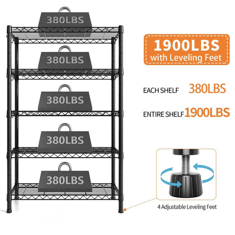 Heavy Duty 5 Tier Wire Shelving Unit With Beefy Rolling Casters Adjustable Black Metal Storage Rack NSF Certified 1900 Lbs Capacity 36 By 14 By 72 Inches Hella Sturdy Storage Setup For Garage Or Kitchen