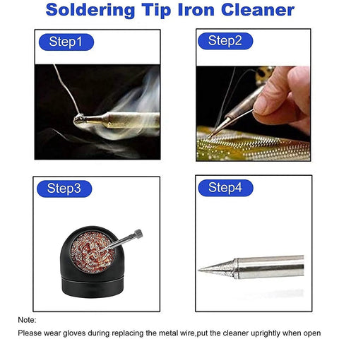 Pro Grade Soldering Iron Tip Cleaner Kit With Non Slip Cleaning Wire Ball And Base Holder instructional steps guide