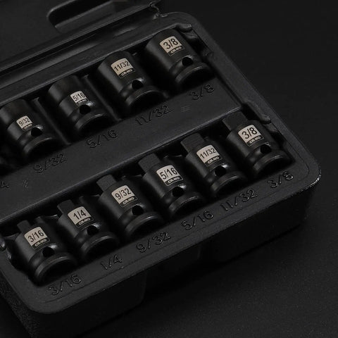 11-Piece Three Eighths Inch Drive SAE Pipe Plug Socket Set with Tapered Male Square Drive and Chamfered Female Square Drive in Chrome Molybdenum Steel displayed in a case
