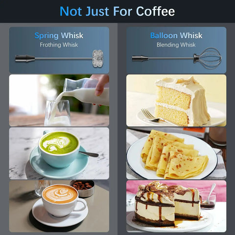 Rechargeable Milk Frother With Stand Quiet Electric Wand Foam Maker Detachable Stainless Steel Whisk shown with desserts and drinks