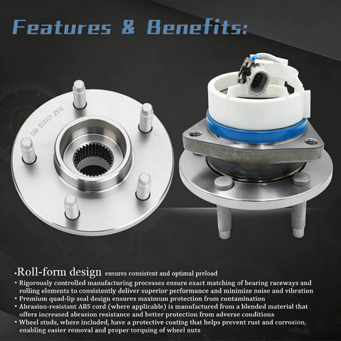 Single Front Wheel Hub Bearing Assembly, Fits Chevy Impala Monte Carlo Uplander Venture Buick Regal Century Lucerne Cadillac DeVille DTS Seville Pontiac Montana 5-Lug ABS OEM 513121 12429204 with ABS sensor features.