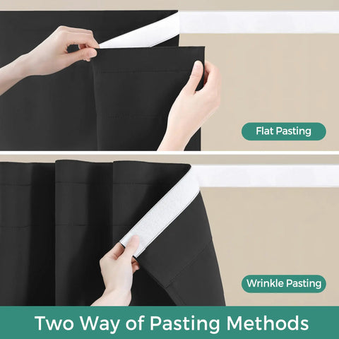 Hands demonstrating flat and wrinkle pasting methods for Blackout Curtain Set Two Panels 52 Inch Wide By 54 Inch Long Light Blocking