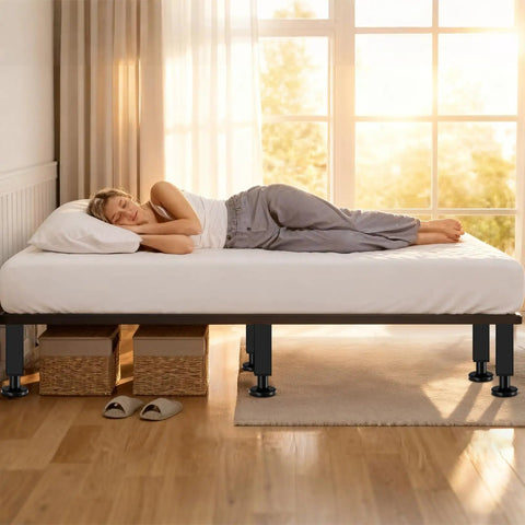 Kick Your Saggy Bed Back To Life With Adjustable Metal Bed Support Legs And Heavy Duty Risers Six Piece Kit reinforces a bed frame with a woman sleeping.
