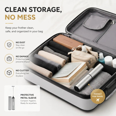 Rechargeable Milk Frother On The Go 2 Speed Portable Travel Frother Electric Milk Foamer neatly stored in travel case