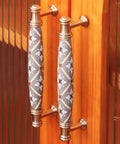 2 Pack Ceramic Cabinet Drawer Handles Vintage Dresser Pulls For Kitchen And Bedroom, 5 Inch Center To Center, installed on wood door