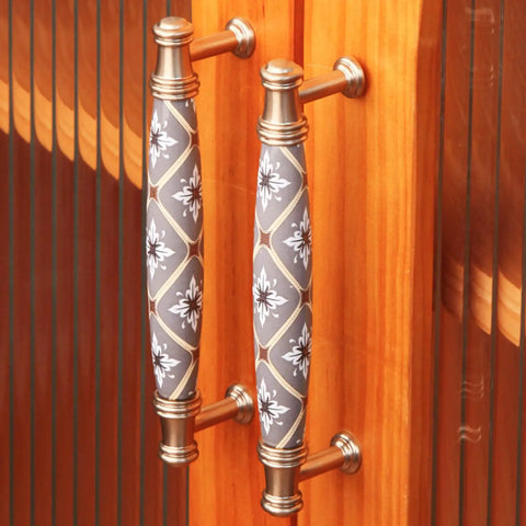 2 Pack Ceramic Cabinet Drawer Handles Vintage Dresser Pulls For Kitchen And Bedroom, 5 Inch Center To Center, installed on wood door