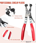 Professional circlip pliers with premium carbon steel rotary joint and PVC anti-slip handle, ratchet switch details