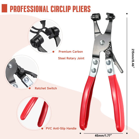 Professional circlip pliers with premium carbon steel rotary joint and PVC anti-slip handle, ratchet switch details