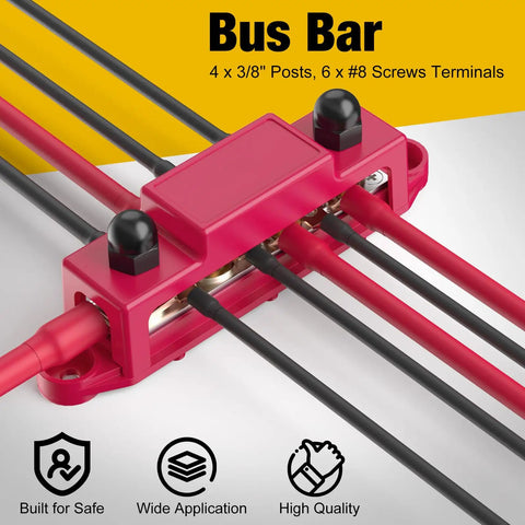 Four Post Three Eighths Inch Power Distribution Block 48V 250A Heavy Duty Marine Grade Bus Bar With Six Eight Gauge Screws For Auto RV Solar Wiring And Boat Black And Red, top view