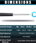 Performance Golf Ball Retriever With Thick Stainless Steel Shaft And Rubber Grip, Single Sided Head dimensions shown.