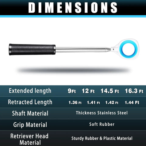 Performance Golf Ball Retriever With Thick Stainless Steel Shaft And Rubber Grip, Single Sided Head dimensions shown.