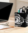 PU Leather Pen Holder Desk Organizer Pencil Cup with rose floral design, soft flannel lined interior, on a desk with office supplies.