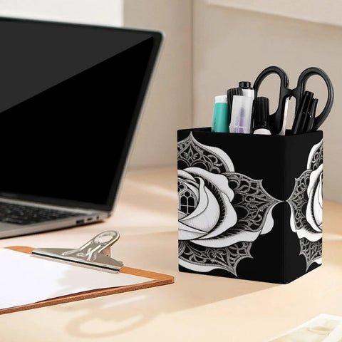 PU Leather Pen Holder Desk Organizer Pencil Cup with rose floral design, soft flannel lined interior, on a desk with office supplies.
