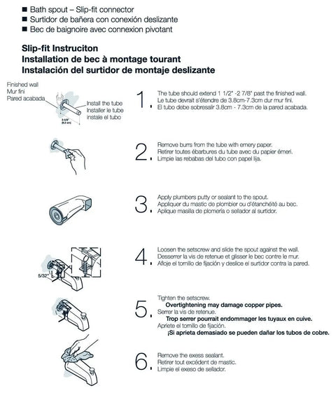 Installation instructions for Slip Fit Half Inch Diverter Bath Spout In Chrome Finish With Premium Metal Construction.