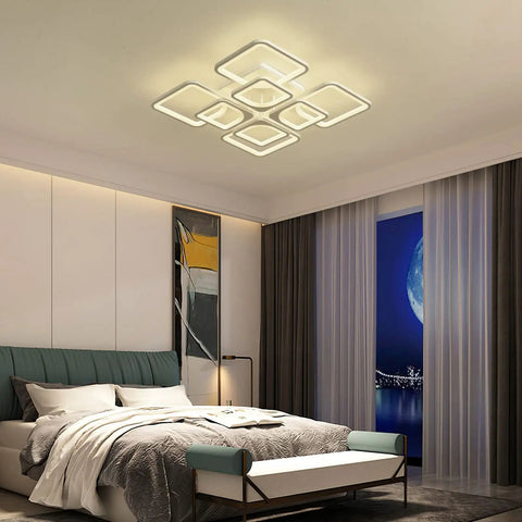 Dimmable Flush Mount LED Ceiling Light With Remote Control, 23.6 Inch Modern Fixture, Eight Square Acrylic Panels in bedroom