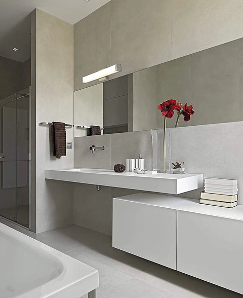 Slick Brushed Nickel 24 Inch LED Vanity Light Bar, 14W Dimmable 4000K Natural White Over Mirror in modern bathroom setting