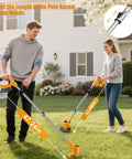 Two people using Cordless 21V String Trimmer With 2x2.0Ah Batteries And Charger Weed Wacker for lawn edging and trimming.