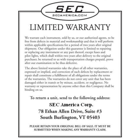 Limited warranty document for SEC America Corp detailing terms for product defects and returns.