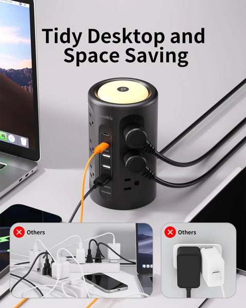 Power Strip Tower All In One Charging Station with 12 AC Outlets and 5 USB Ports Plus Night Light on a desk