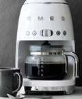 50s Retro Style Glass Coffee Carafe Replacement for DCF02 Overflow Coffee Maker, gray chrome jug on a coffee machine