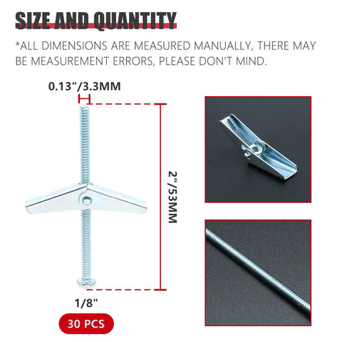 Diagram showing dimensions of 30 Pack 1/8 Inch Metal Toggle Bolts 1/8 By 2 Inch Galvanized Anchor Bolts with wing nut and screw.