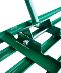 Close-up of Lawn Leveling Rake With Heavy Duty Handle 42 Inch By 10 Inch Stainless Steel Yard Tool showing green metal construction