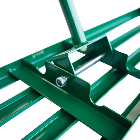 Close-up of Lawn Leveling Rake With Heavy Duty Handle 42 Inch By 10 Inch Stainless Steel Yard Tool showing green metal construction