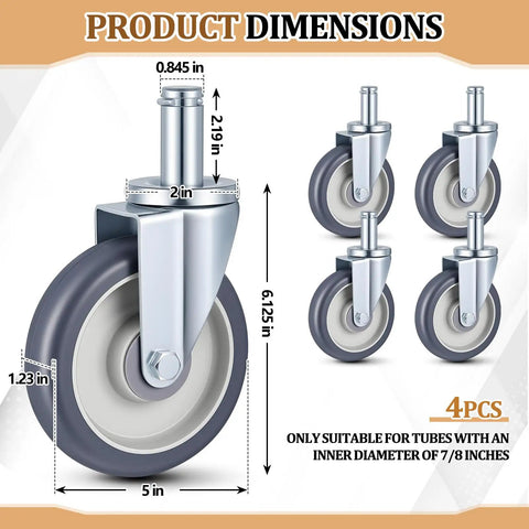 4 Pack 5 Inch Swivel Caster Wheels For Metro Shelving Grip Ring Stem Casters, product dimensions and material details