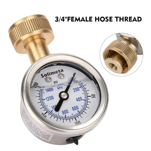 Glycerine Filled 2 Inch Stainless Steel Water Pressure Test Gauge With Big Dial Readout 0 to 200 PSI and KPa Three Quarter Inch Female Hose Thread Leak Proof Outdoor Hose Bibb