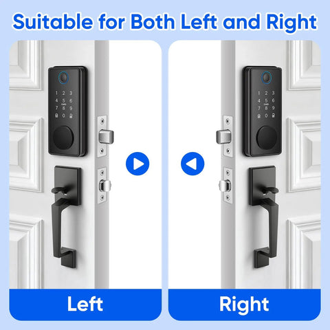 Super Slick Smart Door Lock Handle Set Delivering Breezy No Fuss Keyless Entry With Fingerprint Scan App Control And Easy Apple Watch Sync For Bedroom Or Workspace Deadbolt Protection showing left and right view options.