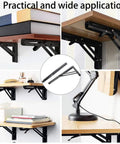 Beefy Triangle Folding Shelf Brackets Set For Wall Mounts with books, desk lamp, wood shelf, black metal supports