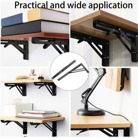 Beefy Triangle Folding Shelf Brackets Set For Wall Mounts with books, desk lamp, wood shelf, black metal supports