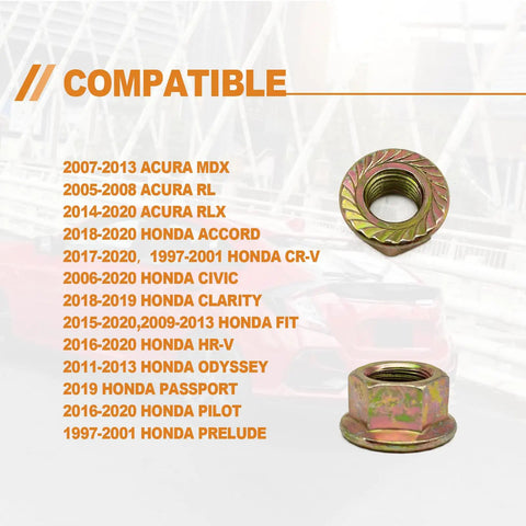 Thirty Piece Heavy Duty Exhaust Serrated Spin Hex Lock Nuts M10x1.25 compatible with various Honda models, detailed list image.