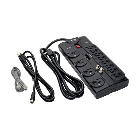 Home Theater Surge Protector Power Strip With 12 Outlets 2160 Joules 8 Ft Flat Plug Cord Includes 6 Ft RJ11 Phone Line And 6 Ft Coax Cable