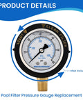 Front view of MEASUREMAN pool filter pressure gauge, 2-inch dial, 0–60 psi, brass 1/4 NPT bottom mount.