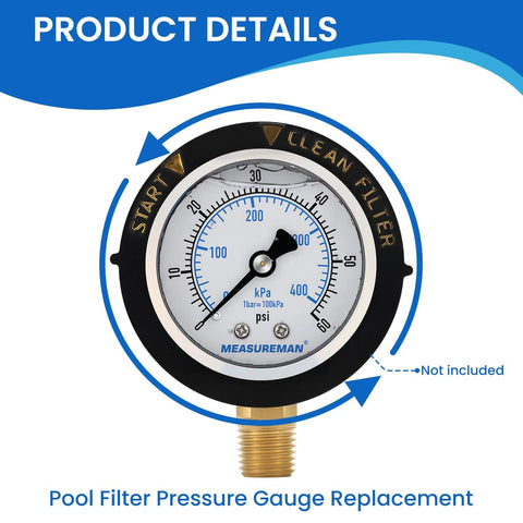 Front view of MEASUREMAN pool filter pressure gauge, 2-inch dial, 0–60 psi, brass 1/4 NPT bottom mount.