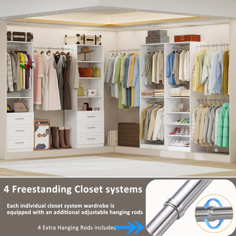 Slick Modular Closet System That Gives Your Bedroom A Major Wardrobe Flex Featuring Six Mega Drawers Eight Stretch Hanging Rods And Adjustable Shelving Towers White Four Piece Kit with organized clothing and accessories.